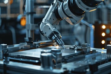 Mechanical arm performing work in factory. KI generiert, generiert, AI generated