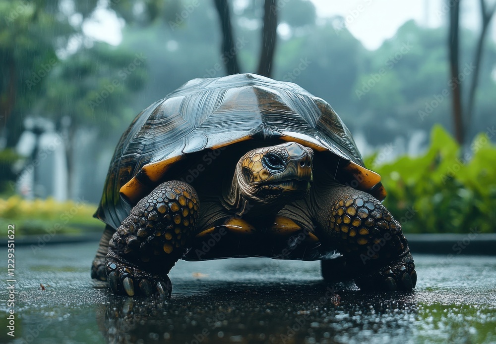 Poster close-up of a large turtle walking on rainy ground in a lush green environment with trees in the bac