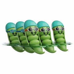 four cute pea pods wearing swimming caps and goggles and swimming in a pool