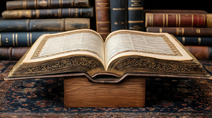 Obraz premium Antique Bible open on stand, old books background, study, knowledge, research