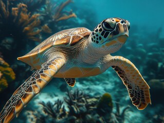 Fototapeta premium Close-Up of a Majestic Sea Turtle Swimming Gracefully through Crystal Clear Ocean Waters Surrounded by Vibrant Coral Reefs and Marine Life