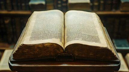 Obraz premium Antique book open on display in library; scholarly research