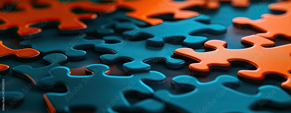 Poster glowing digital puzzle pieces link to emphasize connectivity, problem-solving, and tech
