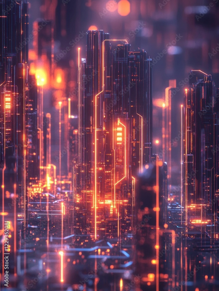 Poster abstract futuristic cityscape with glowing neon lines and circuit board patterns
