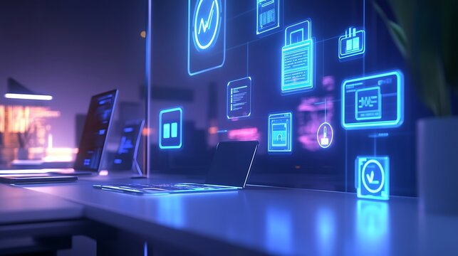 A modern digital office environment with glowing holographic icons representing secure marketing, data rights, and privacy regulations.