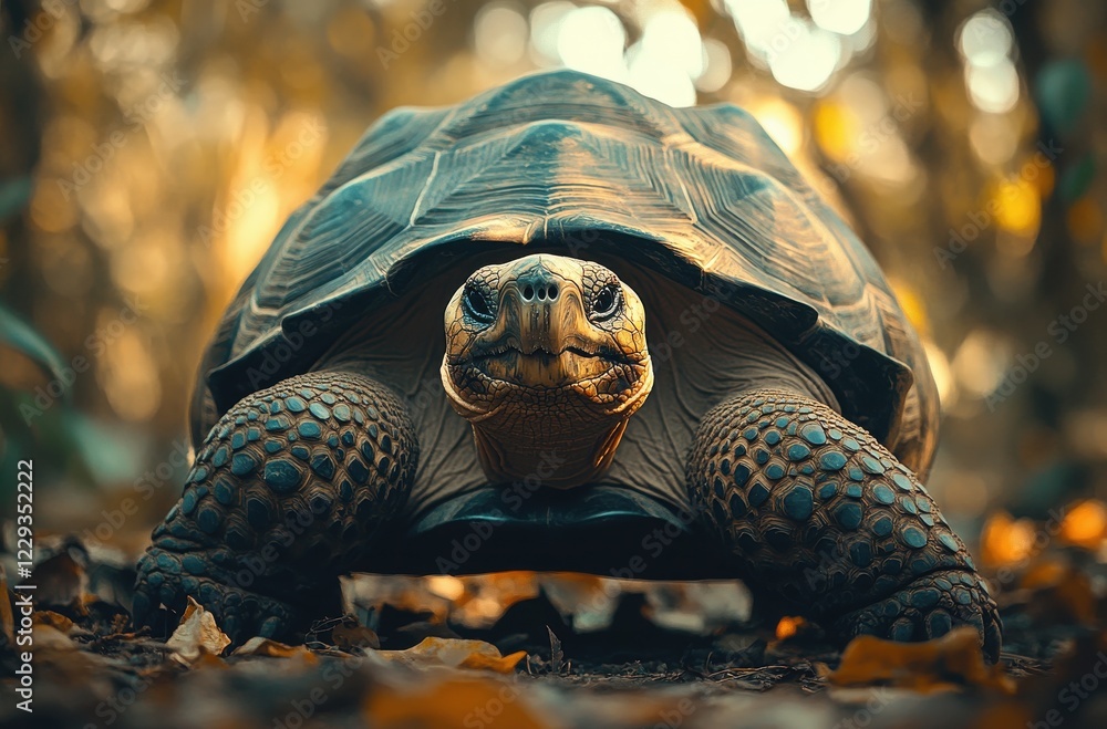Poster close-up of a majestic tortoise in a natural setting showcasing intricate shell patterns and serene 