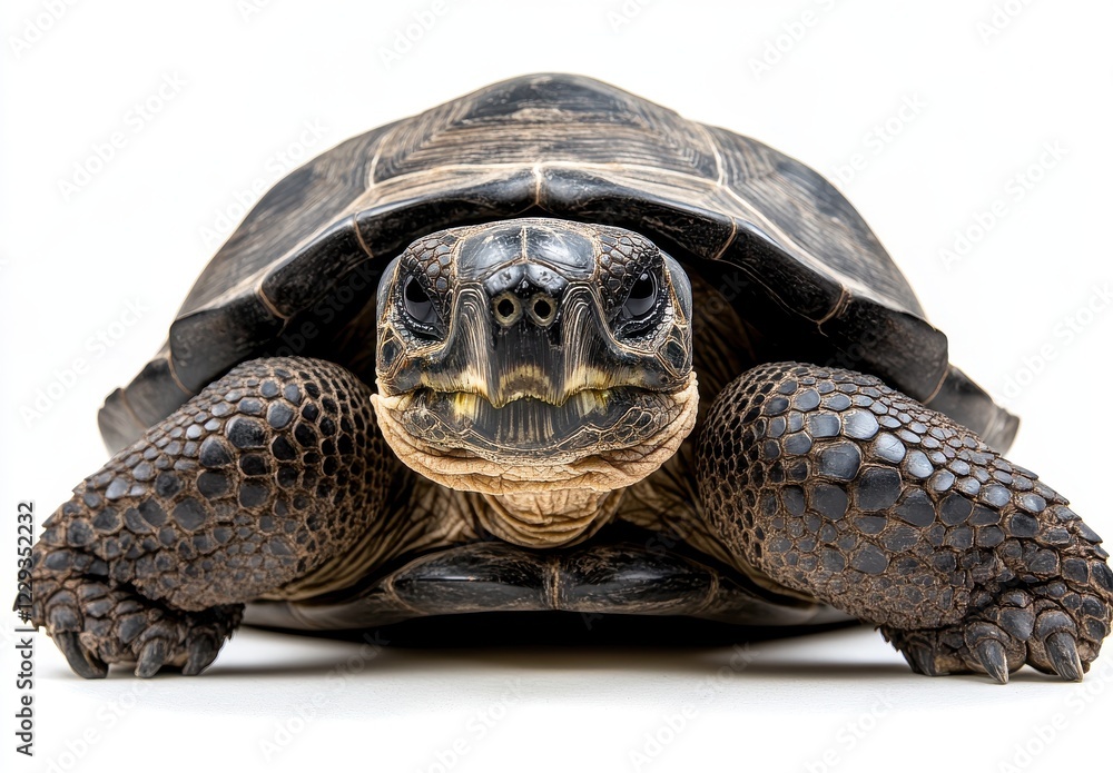 Poster close-up of a majestic tortoise on a white background showcasing unique textures and features of its