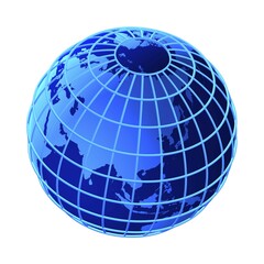Stylised blue globe showing latitudinal and longitudinal lines, 3-D illustration