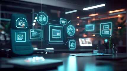 A modern digital office environment with glowing holographic icons representing secure marketing, data rights, and privacy regulations.