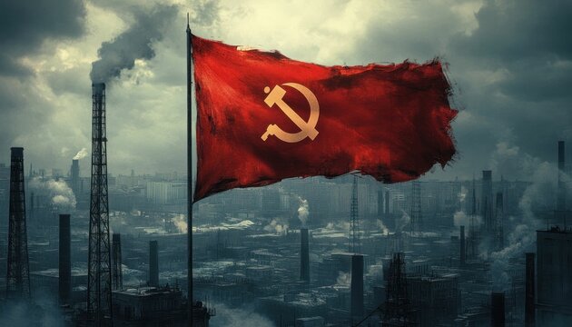 Industrial city landscape under a communist flag with smoking factories emitting pollution into the sky - Powered by Adobe