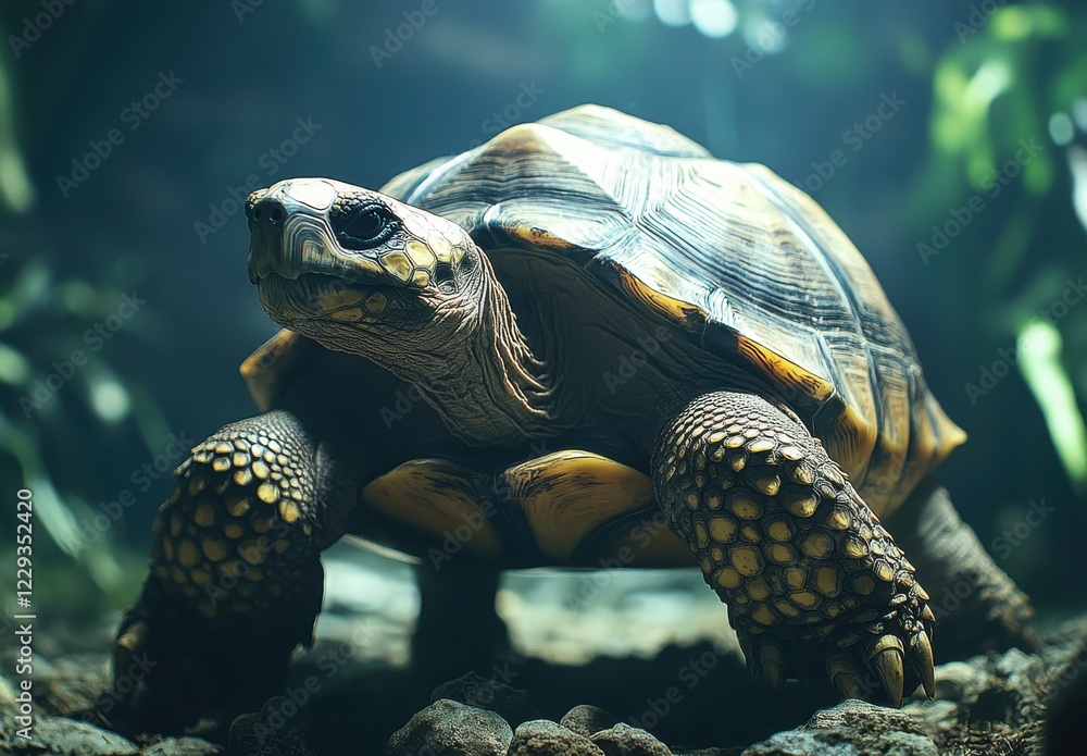 Aufkleber close-up of a majestic turtle in natural habitat surrounded by greenery and soft lighting, showcasin