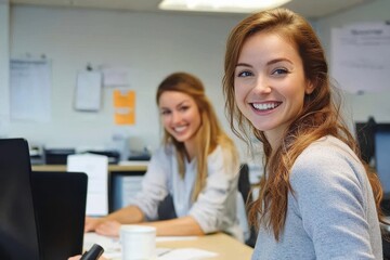 Fototapeta premium Two smiling women sit together in an office, one in front of a laptop, while the other sits beside her. They both look happy and engaged in their work environment with documents on the desk.