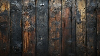 Close-up of dark, textured, burnt wooden planks with visible knots, giving a rustic and rough appearance, AI generated