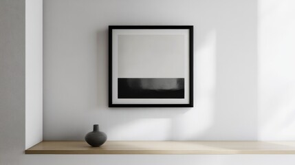 contemporary artwork display, structured black square frame, elegant white matting, pristine wall background, careful hand placement, simple interior aesthetic, methodical mounting approach, refined