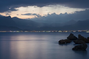 Evening mood by the sea, the Taurus Mountains at the back, Gulf of Antalya, Turkish Riviera,...