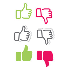Thumb up and thumb down. Yes, good and bad symbol. Thumbs up or like sign. Flat style - stock vector.