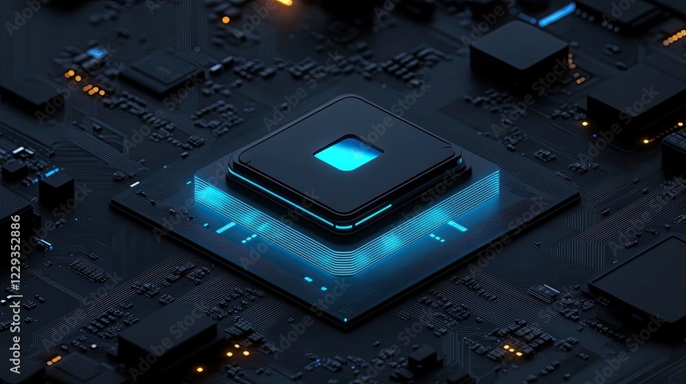 Poster cpu on a motherboard with an illumination circuit, futuristic tech concept