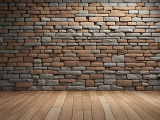 Fototapeta premium Three dimensional rendering of natural stone wall and wooden floor, AI generated