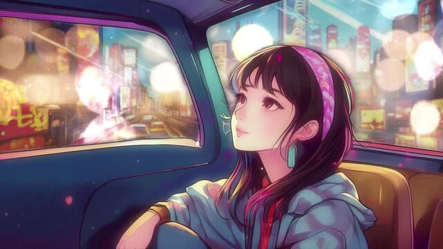 漫画風のタクシーの後部座席　車窓から外の街の様子を眺めるもの憂げな女の子がドライブするイラスト　チルホップ・移動・自動車・座席　ネオンでキラキラ輝く都市の風景