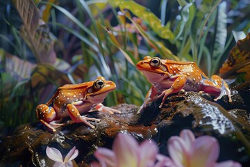 Naklejka premium Two tomato frogs on leaves, Madagascar, AI generated, Africa