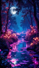 Fototapeta premium Abstract night forest with glowing lights, a magical scene.