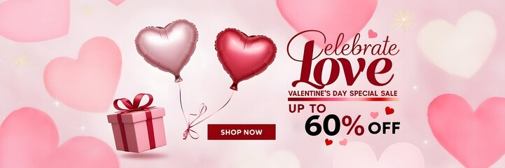 Valentine's Day Special Sale Banner Featuring Heart-Shaped Balloons, a Gift Box, and Soft Pink Heart Patterns, Celebrating Love with Up to 60% Off and a 'Shop Now' Call-to-Action.