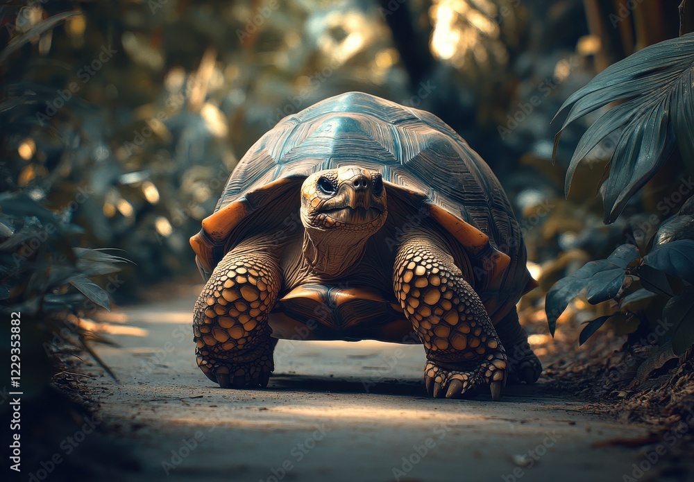 Poster close-up of a tortoise walking on a path surrounded by lush greenery in a calm natural environment