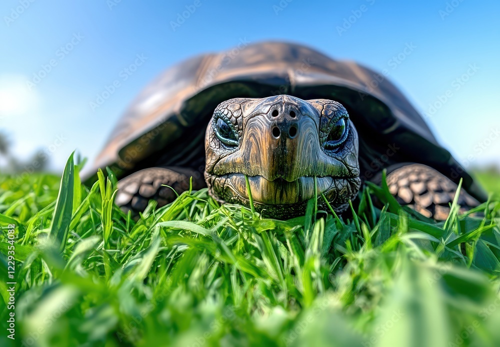 Poster close-up of a turtle resting on vibrant green grass under a clear blue sky, showcasing intricate she
