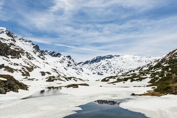 Low Giglachsee half frozen, mountain landscape with snow, Rohrmoos-Untertal, Schladming Tauern,...