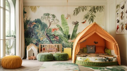 whimsical safari kids space, botanical wall decoration, orange metal frame accent, dual tone canvas shelter, exotic print play tent, jungle motif mattress design, plush wildlife toys, tropical