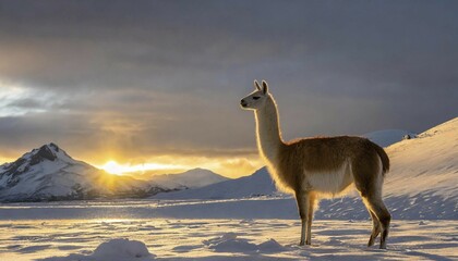 AI generated, animal, animals, mammal, mammals, biotope, habitat, one, individual, foraging, wildlife, guanaco, camel, camels, South America, (llama guanicoe), ice, snow, winter