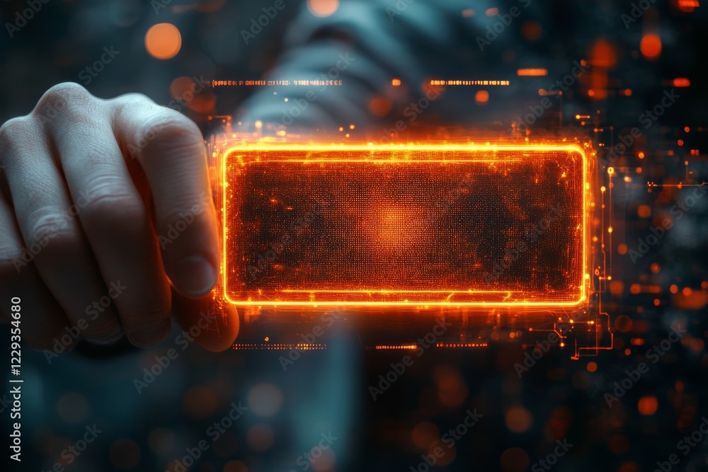 Poster hand holding glowing rectangular device with digital effects in dark environment showcasing technolo