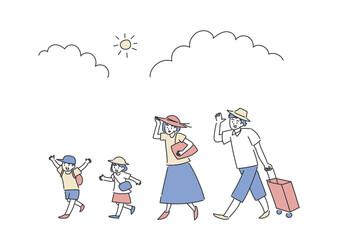 夏旅行に出かける家族のイラスト