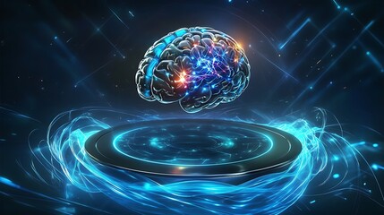 A polished AI brain motif with vibrant neural highlights, floating above a glossy circular platform surrounded by glowing blue energy waves.