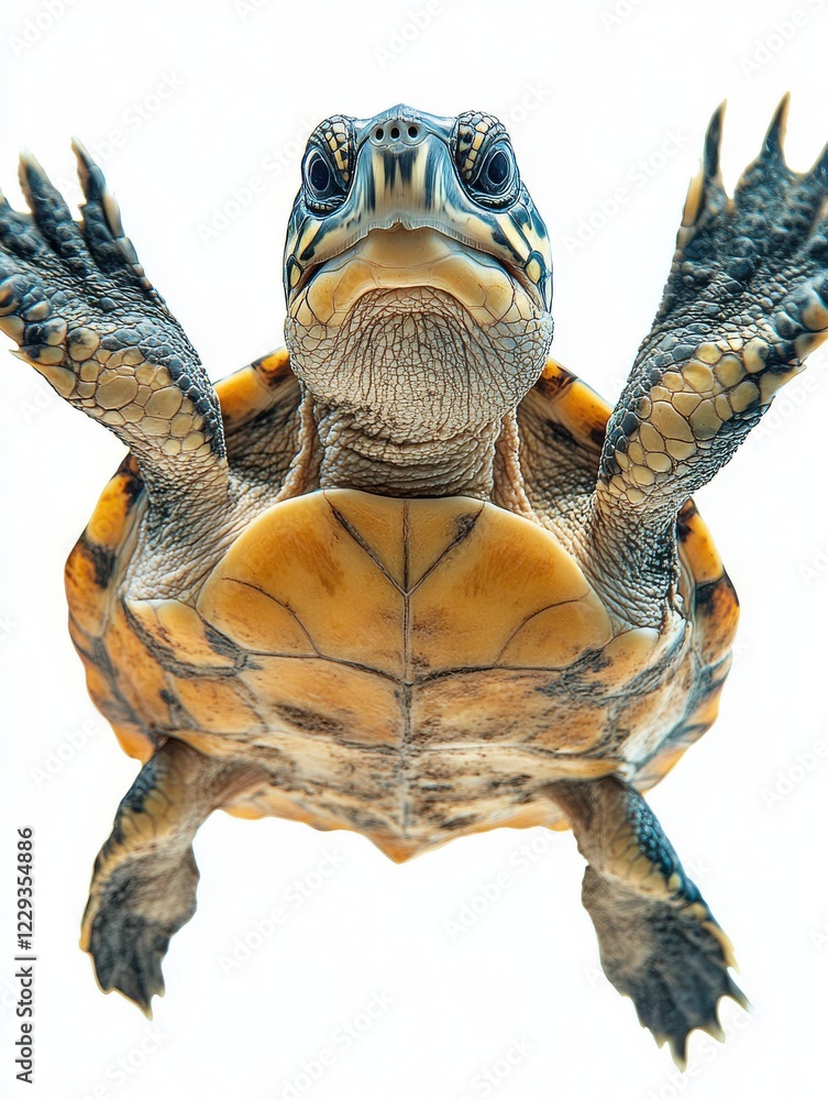 Poster close-up of swimming turtle underwater with clear blue background capturing the intricate details of