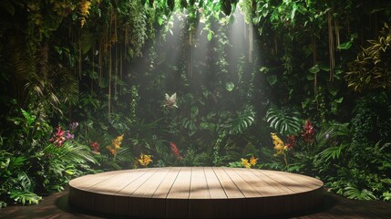 magical forest display platform, round natural wood stage, dense tropical leaf wall, cascading jungle greenery, bamboo textured pedestal, floating colorful birds, morning fog wisps, vibrant jungle
