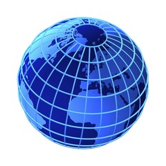 Stylized blue globe marked with longitudinal and latitudinal lines, Europe and parts of Africa and the Americas visible, 3-D cutout