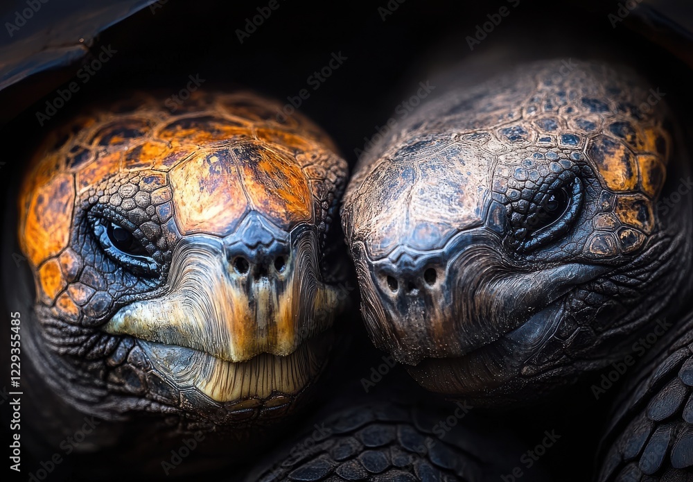 Poster close-up portrait of two tortoises showing intricate shell patterns and detailed facial expressions,