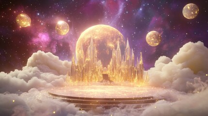celestial fantasy podium scene, floating moonstone stage, mystical galaxy backdrop, dancing northern lights, crystal castle base, hovering magical potions, enchanted star clusters, pearl white