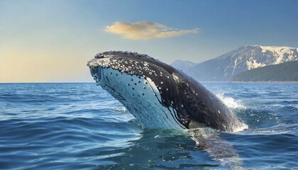 KI generated, animal, animals, mammal, mammals, biotope, habitat, one, individual, foraging, humpback whale, live in all oceans, tropics, Antarctic, whale, whales, Megaptera novaeangliae), ocean, near shore, rorqual, humpback dorsal fin, lively, lively, whale song, loner
