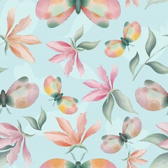 Magnolia flowers and moths on light blue background watercolor painting, seamless repeat pattern