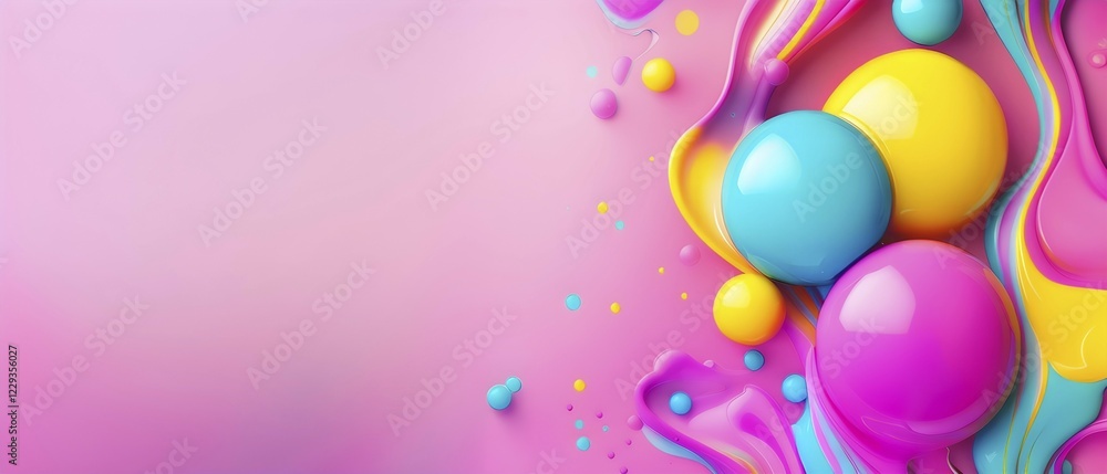 Poster abstract image with colorful yellow and turquoise blobs and liquid shapes on a pink background, ai g