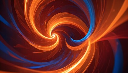 Formas abstractas arremolinadas en cálidos tonos naranja, rojo y azul con reflejos brillantes y efectos bokeh, creando una composición vibrante y dinámica