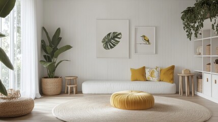 nordic children living space, minimal white seating arrangement, crisp white wall palette, woven beige round carpet, geometric white storage units, statement monstera plant, sunshine yellow throw