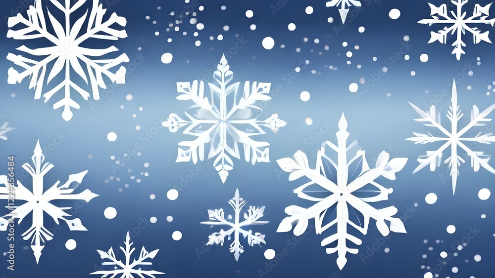 Poster abstract pattern of snowflakes in varying sizes and shapes in soft white and blue gradients, ai gene