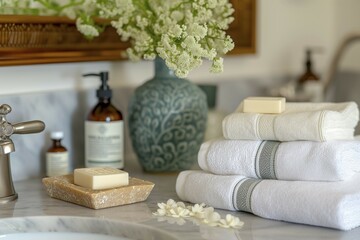 An elegant bathroom arrangement with fluffy towels and fresh flowers, KI generated, AI generated