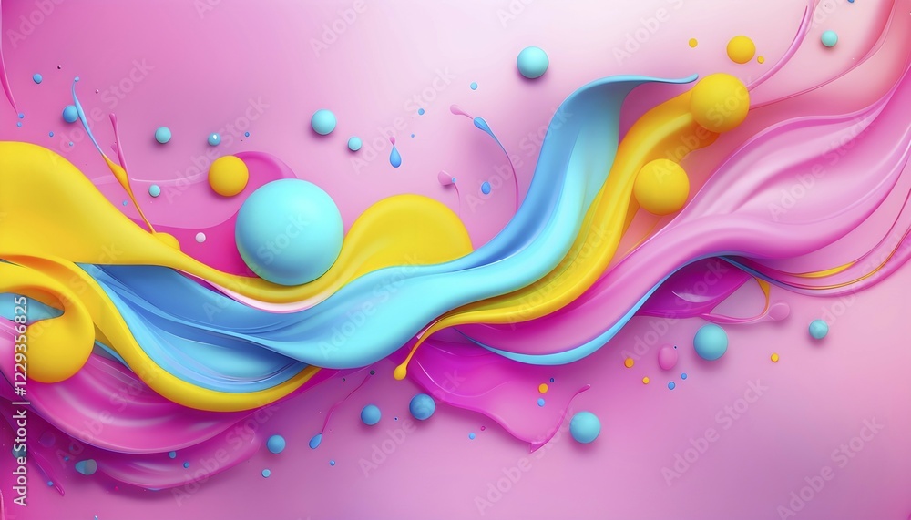 Poster abstract image with colorful yellow and turquoise blobs and liquid shapes on a pink background, ai g