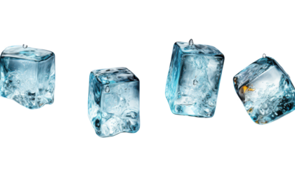 Four flying ice cubes isolated on transparent background
