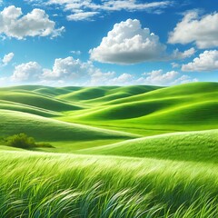 Breathtaking Green Grassland with Rolling Hills and Blue Sky