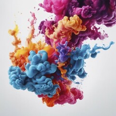 Clusters of colorful paint clouds in orange, blue, purple, and pink create a dynamic abstract image against a light background, AI generated